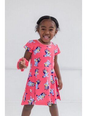 Bluey | Coral Pink & Blue Polly Puppy and Bluey Short Sleeves Dress | Size 7/8